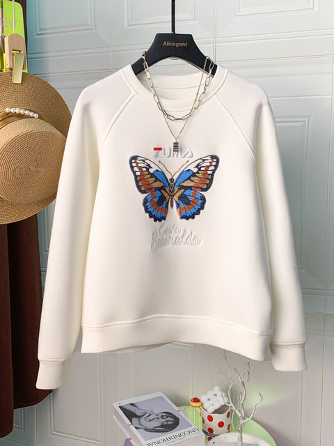 Space Cotton Sweatshirt Jacket for Women with Butterfly Embroidery 2024 Spring and Autumn New European Style Short Round Neck Casual Popular Top