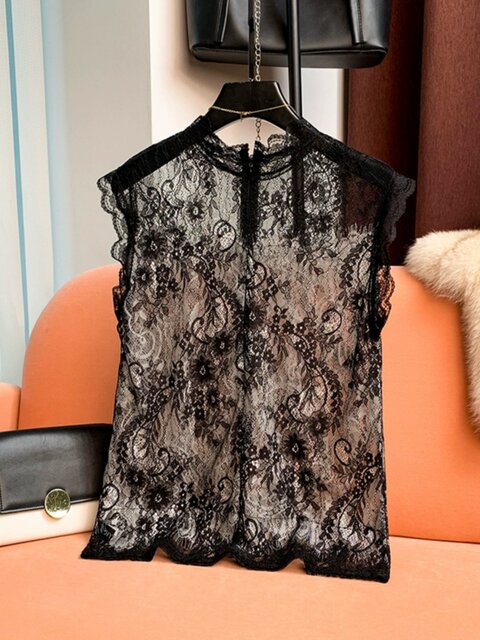Black Semi-Sheer Hollow-Out Vest for Women, 2024 Summer New Style, Sleeveless Outerwear, Can Be Worn as an Inner Layer, Thin Top