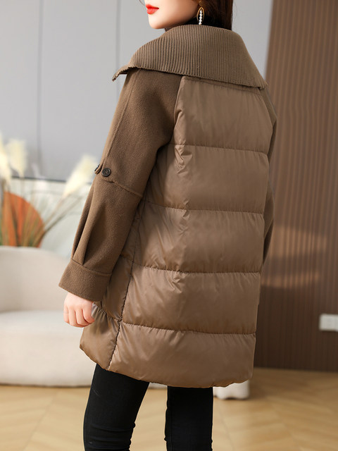 Suit Collar Design, Niche Woolen Fabric Splicing down Jacket for Women, 2023 Winter New Fashion Stylish Coat