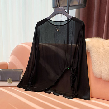 Black Silk Georgette Blouse Sun Protection Clothing for Women 2024 Summer New Design Loose Slightly See-Through Sheer Top