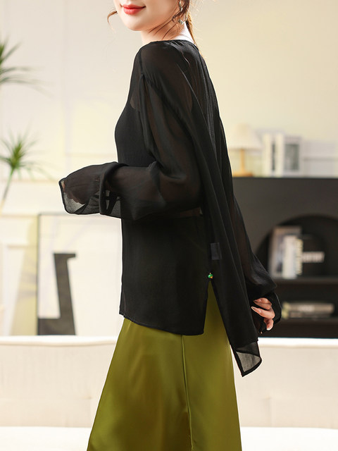 Black High-End Silk Blouse, Sheer Top for Women, 2024 Summer New Style, Lightweight Mulberry Silk Sun Protection Shirt