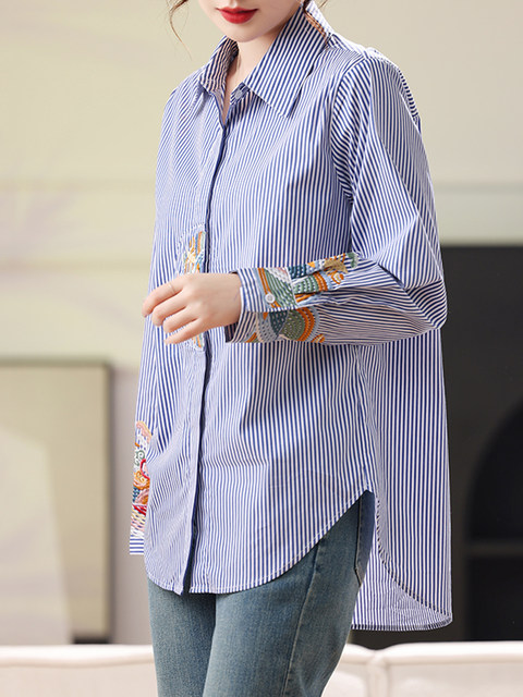 New Chinese-Style National Style Striped Shirt for Women 2024 Spring and Autumn New Fashion Casual Loose Versatile Long-Sleeve Top