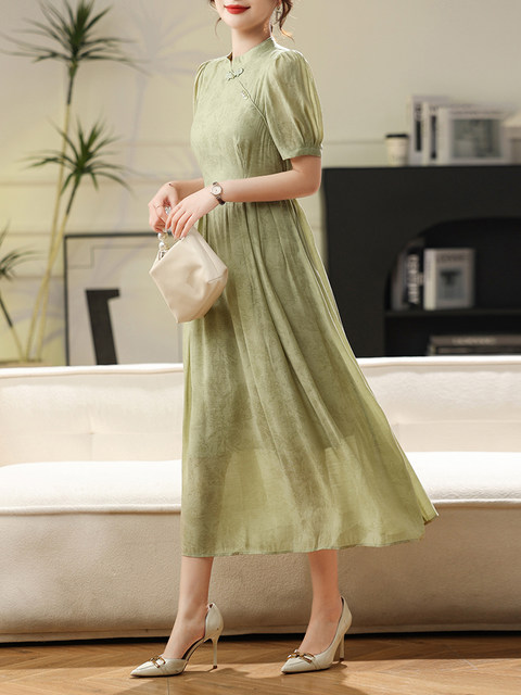 New Chinese-Style National Style Green Jacquard Dress for Women, 2024 Summer New Fashion Improved Ultra-Elegant Waist-Cinching Dress