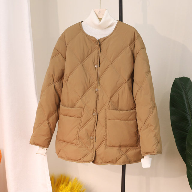 2023 Winter European Fashion Youthful Caramel-Colored down Jacket for Women, Loose Diamond-Patterned Short White Duck down Coat