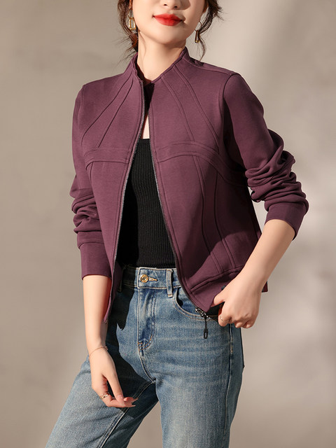 Short Stand-Up Collar Sweatshirt Jacket for Petite Women, 2024 Autumn New European Fashion Casual Slim-Fit Zip-Up Top