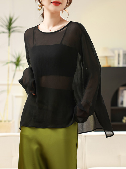 Black High-End Silk Blouse, Sheer Top for Women, 2024 Summer New Style, Lightweight Mulberry Silk Sun Protection Shirt
