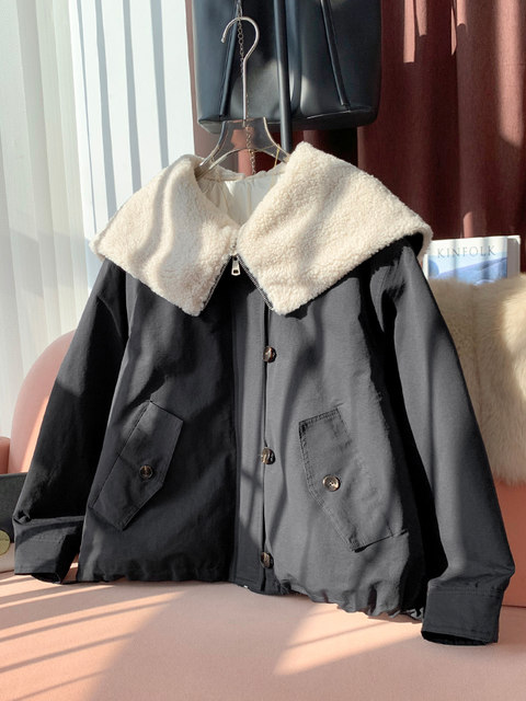 Korean-Style Lamb Wool Patchwork Large Lapel down Jacket for Women, 2024 Winter New Model, Trendy Workwear Parka This Year