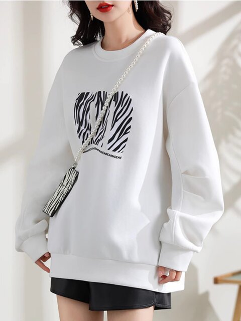 Letter Print Crew Neck Loose Casual Sweatshirt for Women 2023 Autumn New Zebra Pattern Versatile Jacket Crossbody Bag