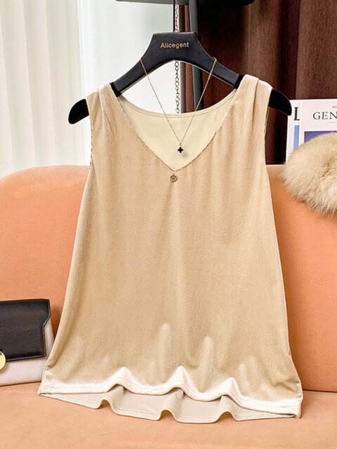 V Neck Sleeveless Camisole Bottoming Vest for Women 2024 Summer New Gold Velvet Splicing Lace Inner Top