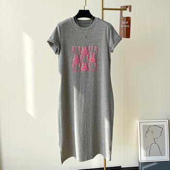 Embroidered Flocked T-Shirt Dress Women's 2024 Summer New Straight Slim Long Over-The-Knee Casual Short-Sleeved Dress