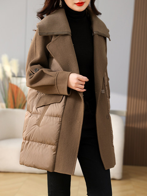 Suit Collar Design, Niche Woolen Fabric Splicing down Jacket for Women, 2023 Winter New Fashion Stylish Coat
