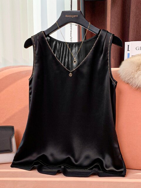 V Neck Sleeveless Camisole Bottoming Vest for Women 2024 Summer New Gold Velvet Splicing Lace Inner Top