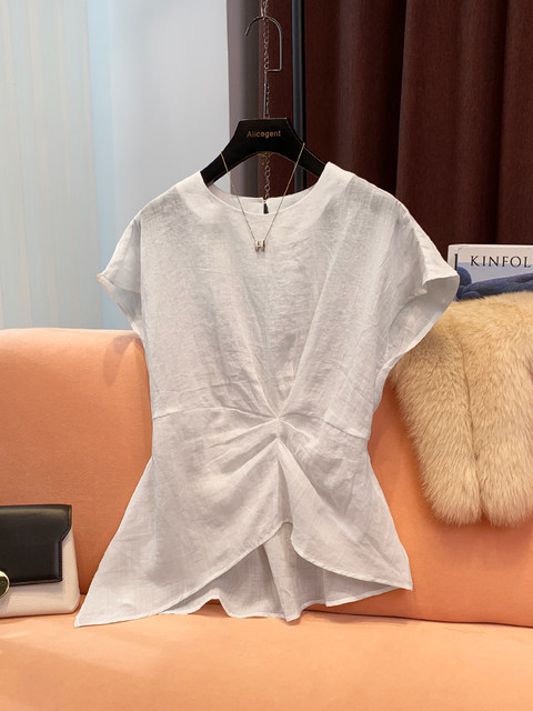 High-End Accessible Luxury 100% Ramie Thin Top for Women 2024 Summer New Style Pleated Asymmetrical Hem Elegant Shirt