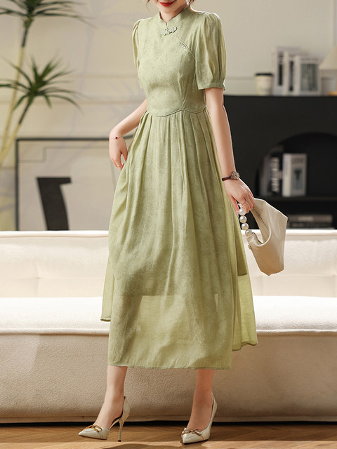 New Chinese-Style National Style Green Jacquard Dress for Women, 2024 Summer New Fashion Improved Ultra-Elegant Waist-Cinching Dress