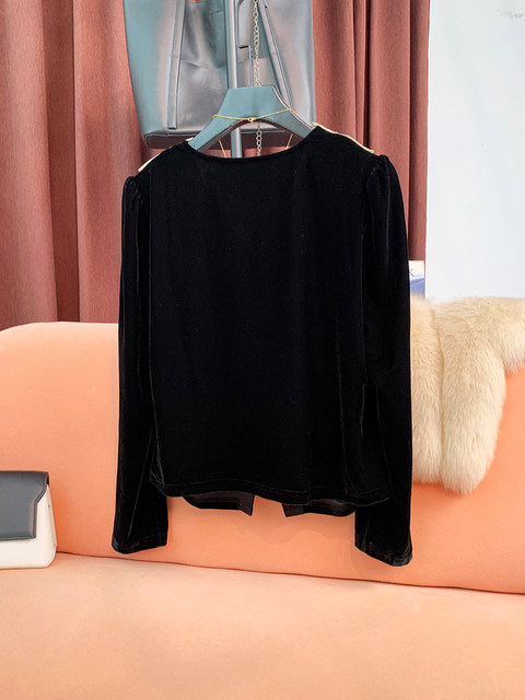 French-Style Chanel-Inspired Velvet Long-Sleeve Shirt with Doll Collar for Women, 2024 Spring and Autumn New Fashion Design, Lightweight Top