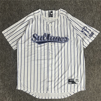 Trendy brand letter embroidered Japanese striped baseball shirt summer hip-hop jersey loose and versatile short-sleeved shirt jacket for men