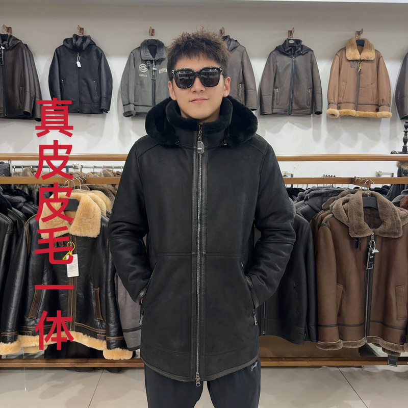 Men's Genuine Leather and Natural Fur Integrated Sheepskin Wool Hooded Winter Mid-Length Black Warm Casual Jacket