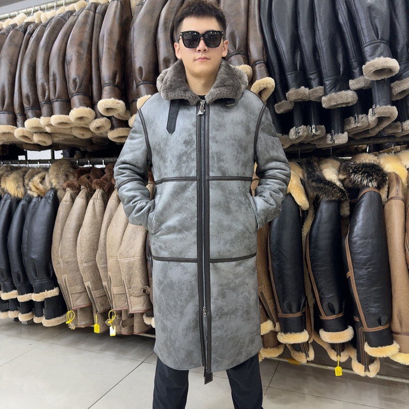 2024 New Winter Men's Shearling Mid-Length Coat, Genuine Fur Jacket, Thickened and Warm