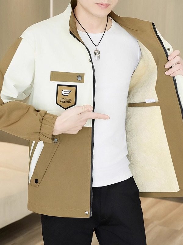 Fleece-Lined and Thickened Men's Cotton Jacket, Winter Trendy Korean Style Stand-Up Collar Cotton Coat, Windproof, Waterproof, Warm Men's Cotton Clothing