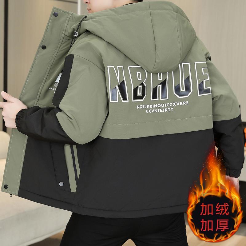Winter Fleece-Lined Thickened Jacket for Men, Korean Style Trendy Loose Hooded Workwear Jacket for Teenagers and Students