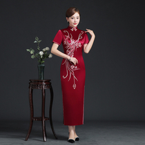 2021 autumn new high-end wedding happy mother acetic acid embroidered Cheongsam long short sleeve slim young toast