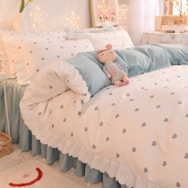 Spring and Autumn lace bed skirt four-piece Korean love small fresh quilt cover Sky blue girl bed sheet three-piece set