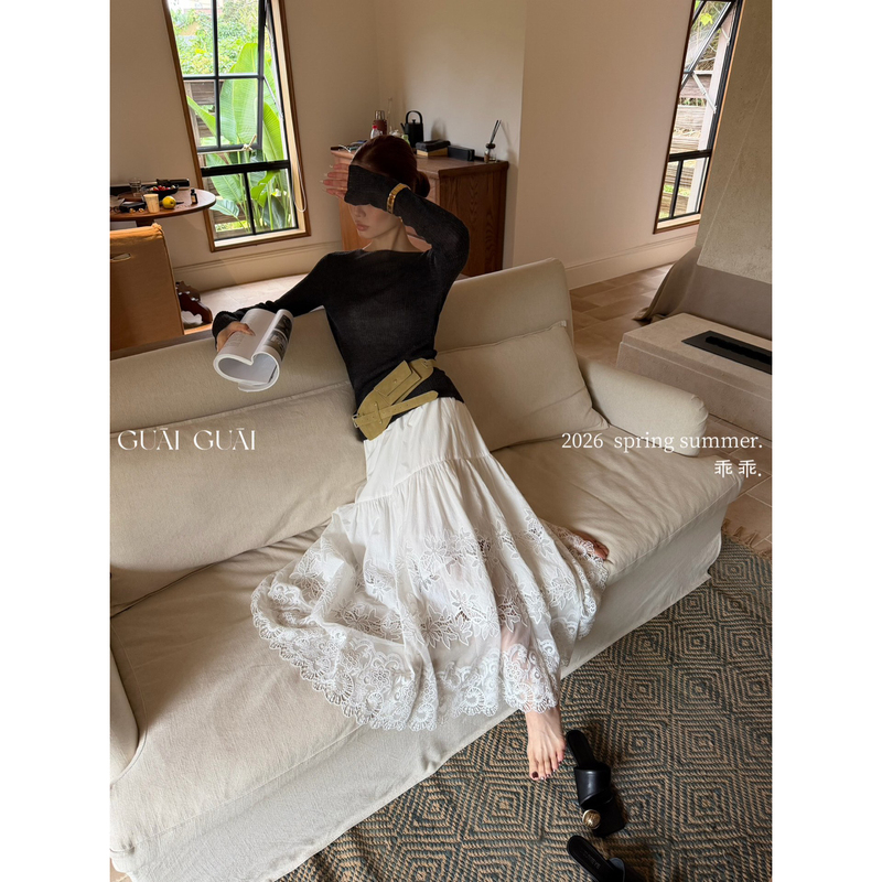 Sylentt Real Shot of Authentic Product: 26-Year-Old French-Style Gentle Korean-Style Hollow-Out Water-Soluble Lace Embroidery Sweet Summer Skirt