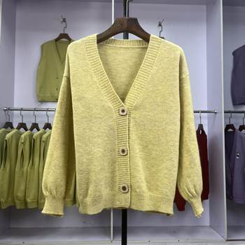 Real shot korean version simple literary loose women's clothing 2024 autumn new v-neck lantern sleeve short sweater cardigan for women