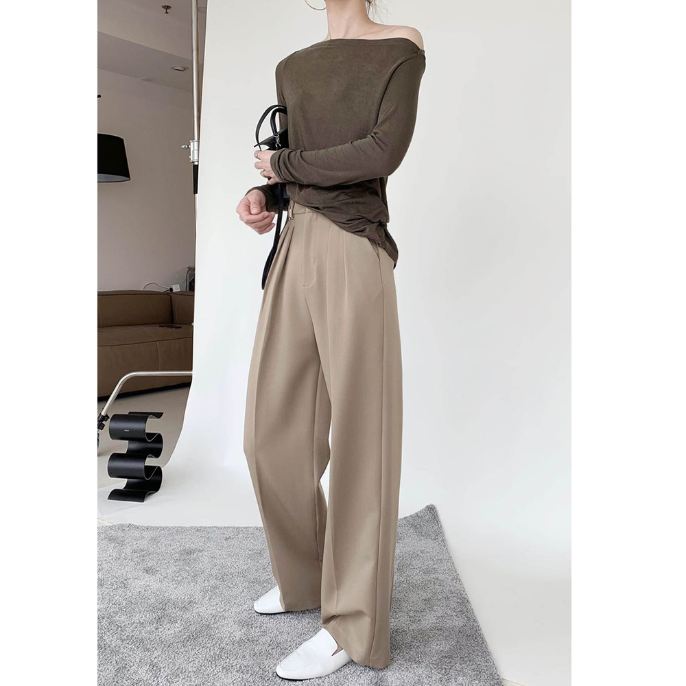 2021 Spring and autumn new minimalist Korean version Pleated Double Ears Classic Suit Broadlegged Pants Female Straight and ground casual pants