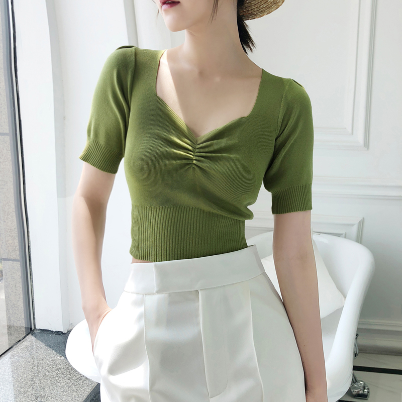 V collar knit double curveball high waist knit short sleeve t-shirt female summer display slim heart machine Sexy dew-cord ice-wire short sleeve blouse