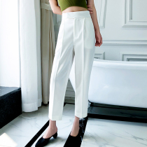 EAMODE summer new wide waist buckle pipe pants women casual pants minimalist casual straight wide leg ankle-length pants White