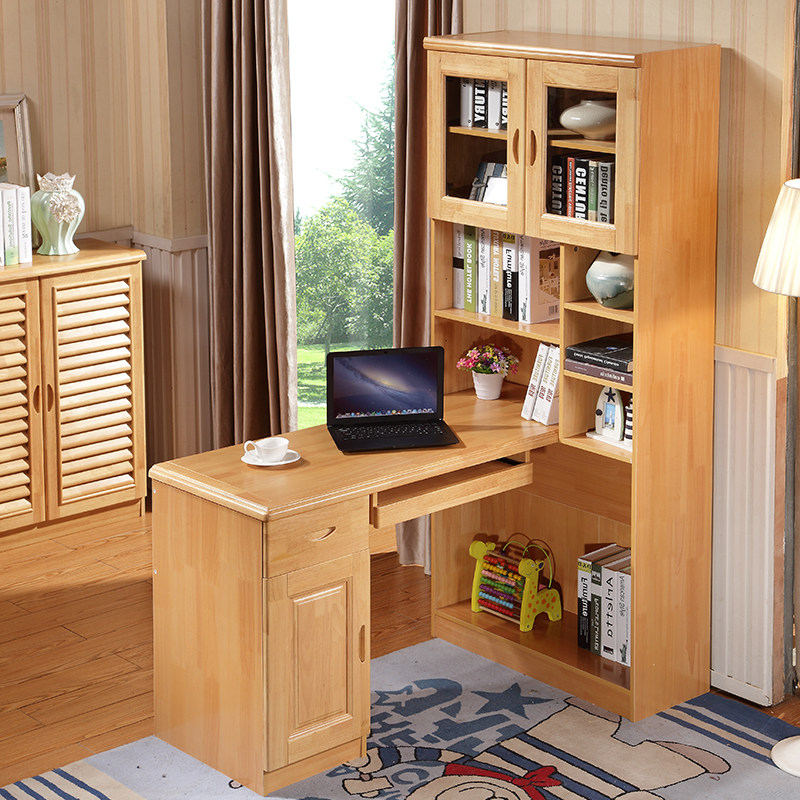 Solid wood computer desk with bookshelf oak conjoined desk bookcase integrated desktop home study desk writing desk