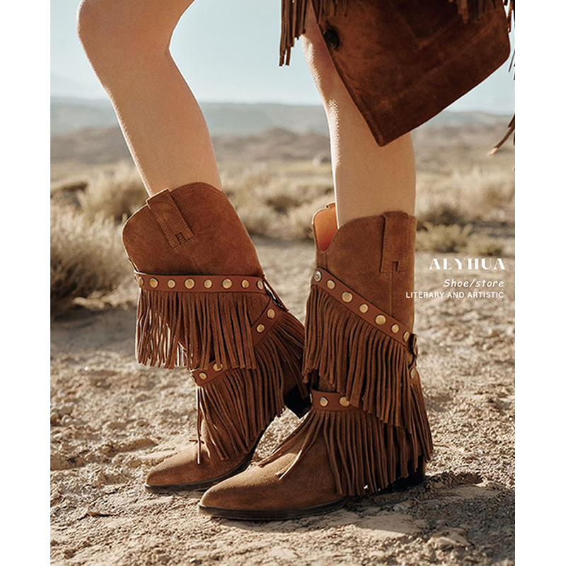 Lu Youhua's "Soft Breeze Autumn Fleece" Genuine Leather Tassel Chunky Heel American-Style Boots, Western Cowboy Boots, Women's Mid-Calf Riding Boots