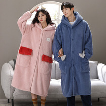 Coral suede lovers pyjamas womens autumn winter flannel lengthened section thickened and gushed male and female sleeping gown home suit suit