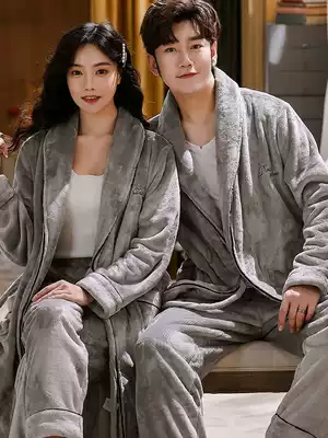 Coral velvet nightgown bathrobe Men's autumn and winter couple warm pajamas women's thickened long version of flannel two-piece suit