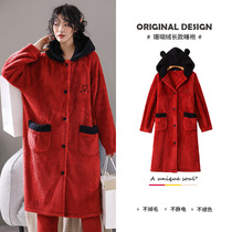 Autumn and winter pyjamas Coral Suede Plus Suede Thickened Flannel Sleeping Robe Red Ben Year Long home Suits Suit