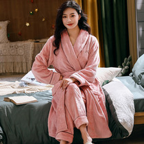 Bathrobe Womens long style Autumn Winter Pyjamas flannel Flannel Thickened warm coral suede sleeping robe Two suits Home Suits Home