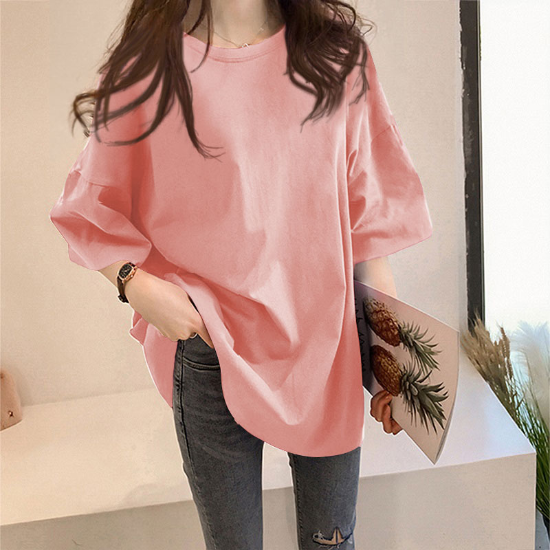 Pink [35]Big size Women's wear 2021 summer Korean version Medium and long term summer jacket Lazy wind Middle sleeve easy Short sleeve T-shirt female