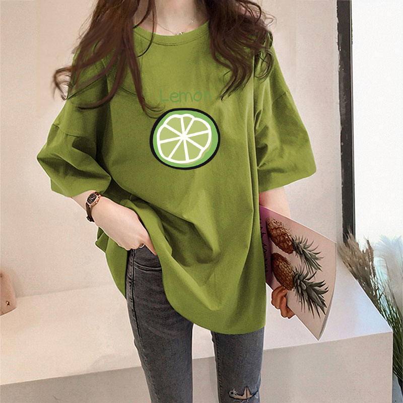 Green [492 # Letter Of Lime]Big size Women's wear 2021 summer Korean version Medium and long term summer jacket Lazy wind Middle sleeve easy Short sleeve T-shirt female