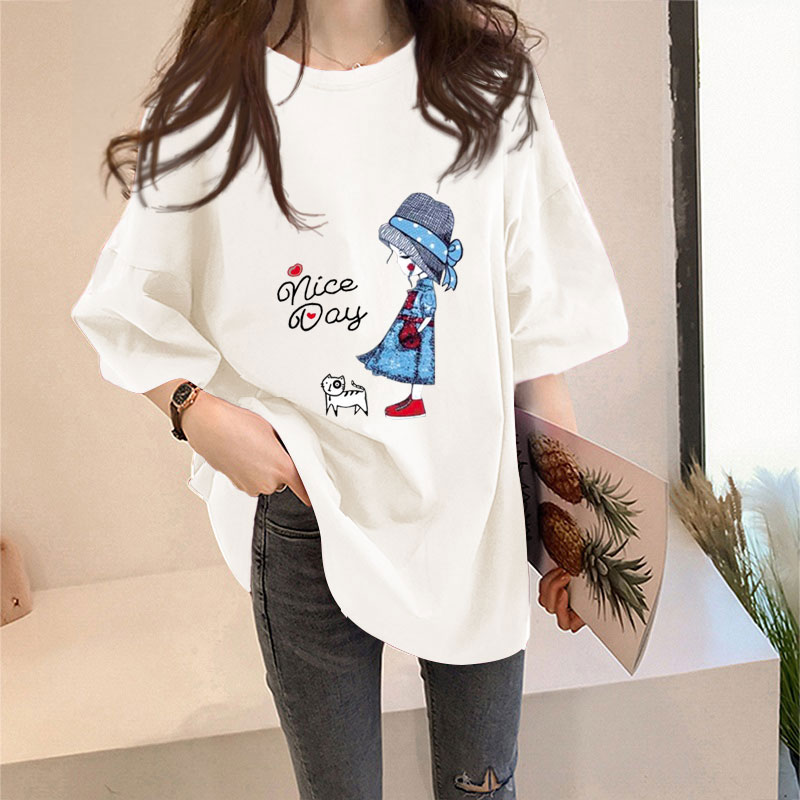 White [488 Red Letter Girl]Big size Women's wear 2021 summer Korean version Medium and long term summer jacket Lazy wind Middle sleeve easy Short sleeve T-shirt female