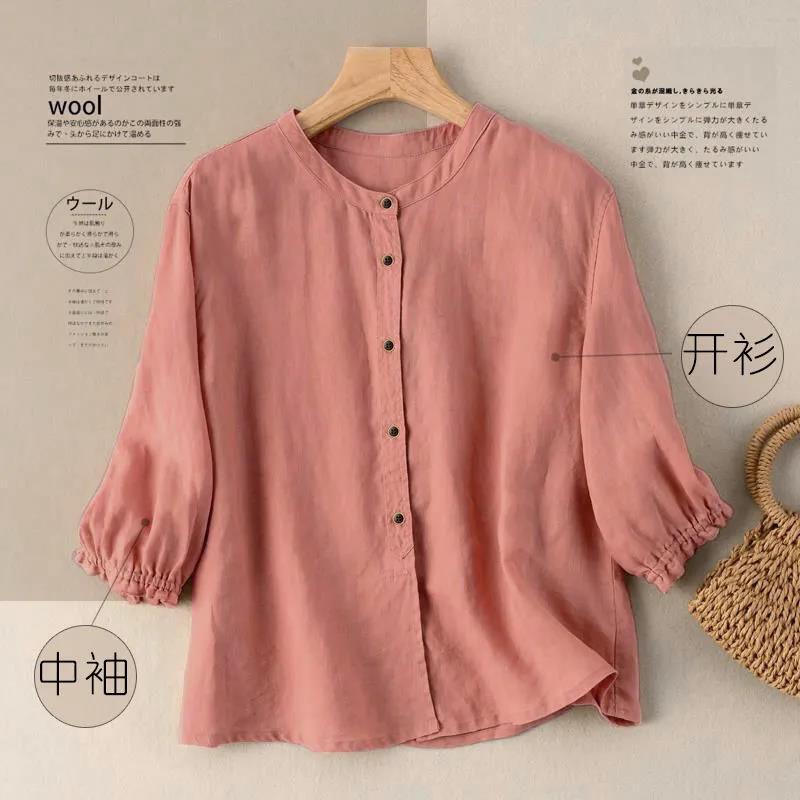 Pure Cotton Mid-Sleeve Artistic Retro Shirt for Women 2025 Summer New Loose Shirt Casual Cuffed Sleeve Top for Women