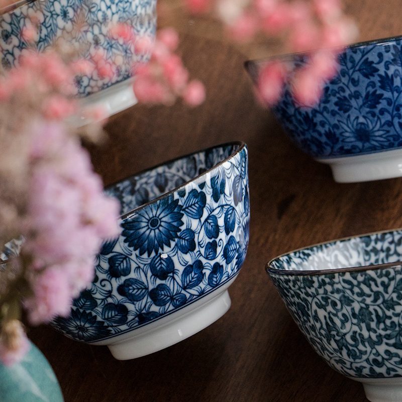 Imported from Japan ancient dyed blue bowl ceramic household individual move under the glaze color restoring ancient ways Japanese eat bowl size