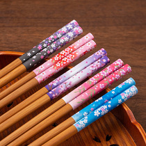 Mei thick burning Japanese imported and wind cherry blossom wooden chopsticks pointed chopsticks non-slip chopsticks Japanese 5 pairs set home