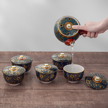 Japan imported Jiugu Yaki hand made green grain iron fairy tea set gold Tang grass Pattern Teapot Tea Cup a pot of five Cup gift box