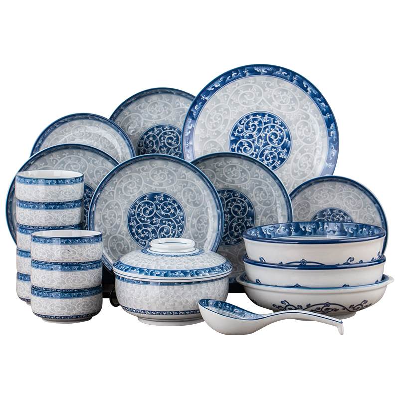 Fangming imported ceramic tableware suit of blue and white porcelain plate suit household special combination microwave tableware restoring ancient ways