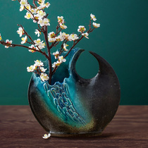 Japanese imported Xin Le Yaki Ceramic Vase ornaments living room flower arrangement decoration creative Crescent blue glaze flower opener