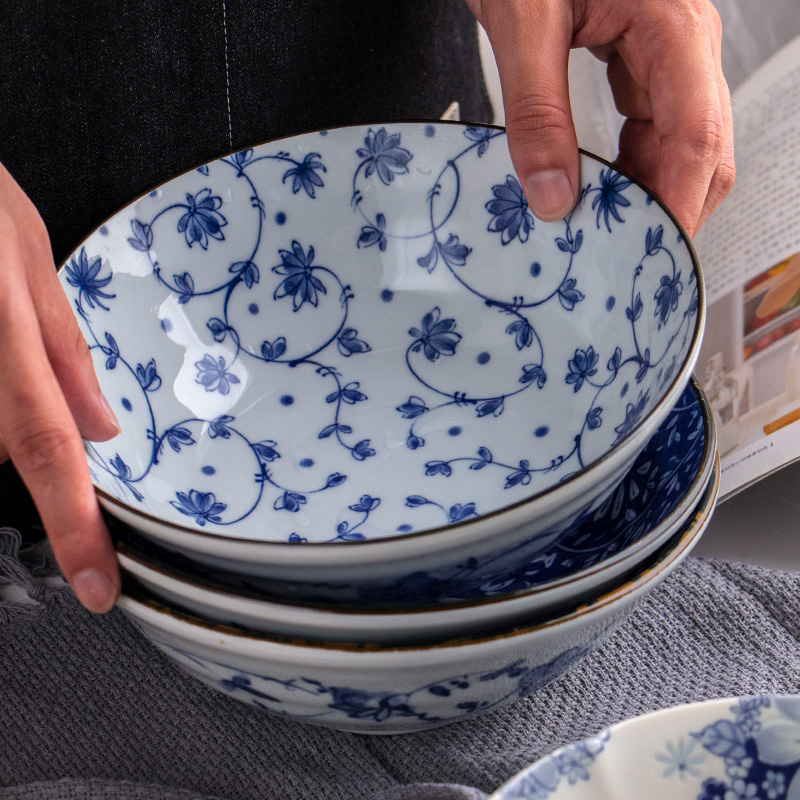 Meinung'm blue and white Japanese contracted household salad bowl eight inches single ceramic bowl high anti steamed dishes