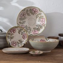 Japanese creative thick anti-hot plant pattern dishes ceramic tableware combination set round noodle bowl soup bowl