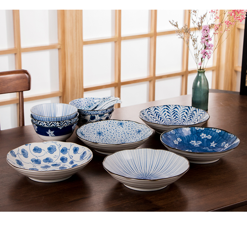 Dishes suit household Japanese ceramic tableware Dishes combine Chinese simple blue and white porcelain bowls spoons with 5 people