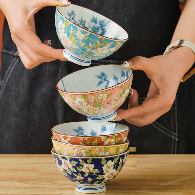 Meino-Yaki Japanese Imported Hibiscus Flower Small Bowl Set of 5 Ceramic Dinner Plates Rice Bowls Underglaze Color Exquisite Tableware